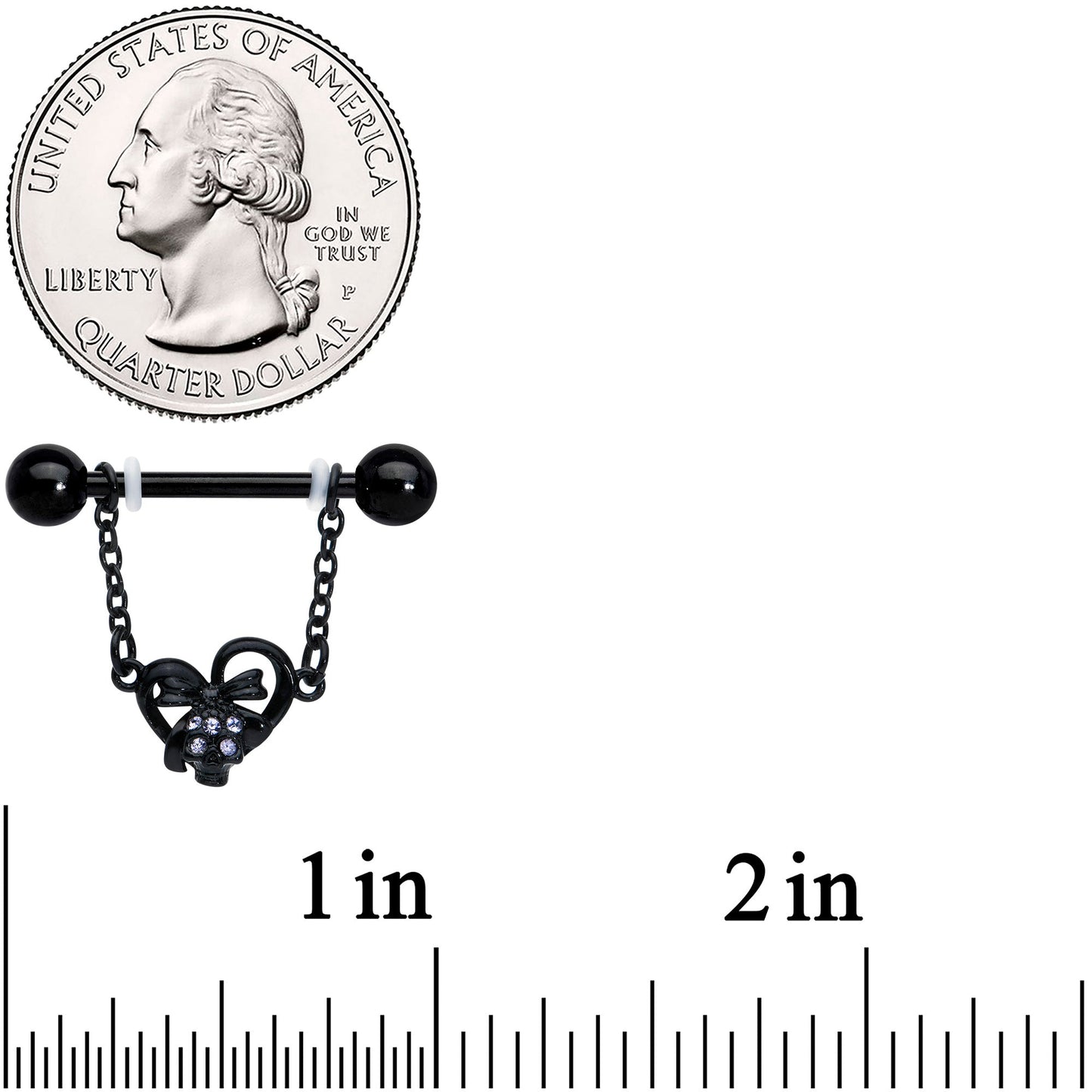 14G 9/16 Clear Gem Black Skull Bow Heart Dangle Nipple Ring Set