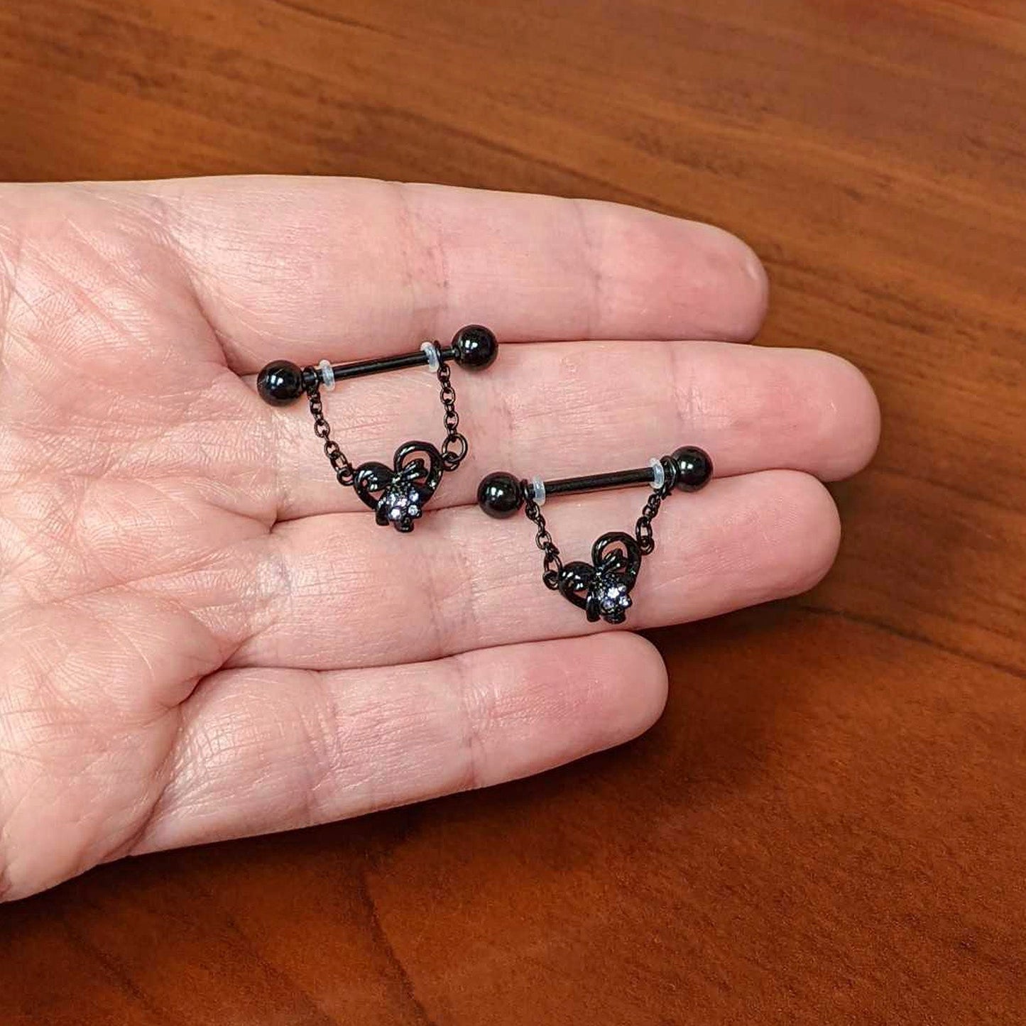 14G 9/16 Clear Gem Black Skull Bow Heart Dangle Nipple Ring Set