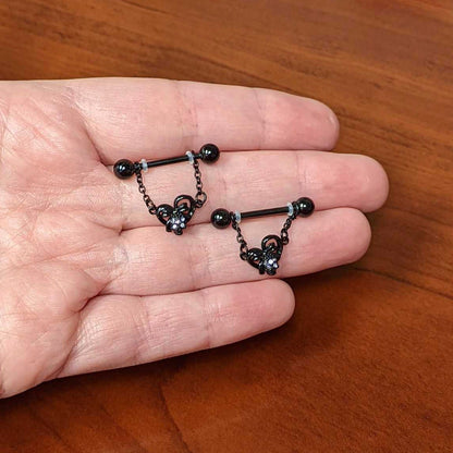 14G 9/16 Clear Gem Black Skull Bow Heart Dangle Nipple Ring Set