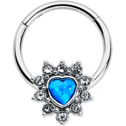 16G 3/8 Blue Faux Opal Heart Sun Hinged Segment Ring