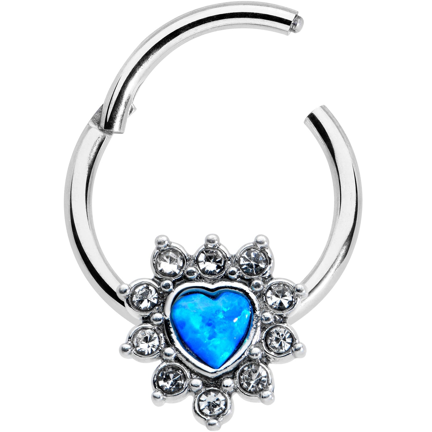 16G 3/8 Blue Faux Opal Heart Sun Hinged Segment Ring