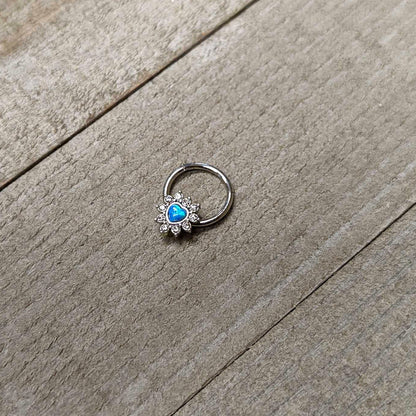 16G 3/8 Blue Faux Opal Heart Sun Hinged Segment Ring