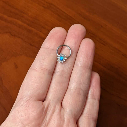 16G 3/8 Blue Faux Opal Heart Sun Hinged Segment Ring