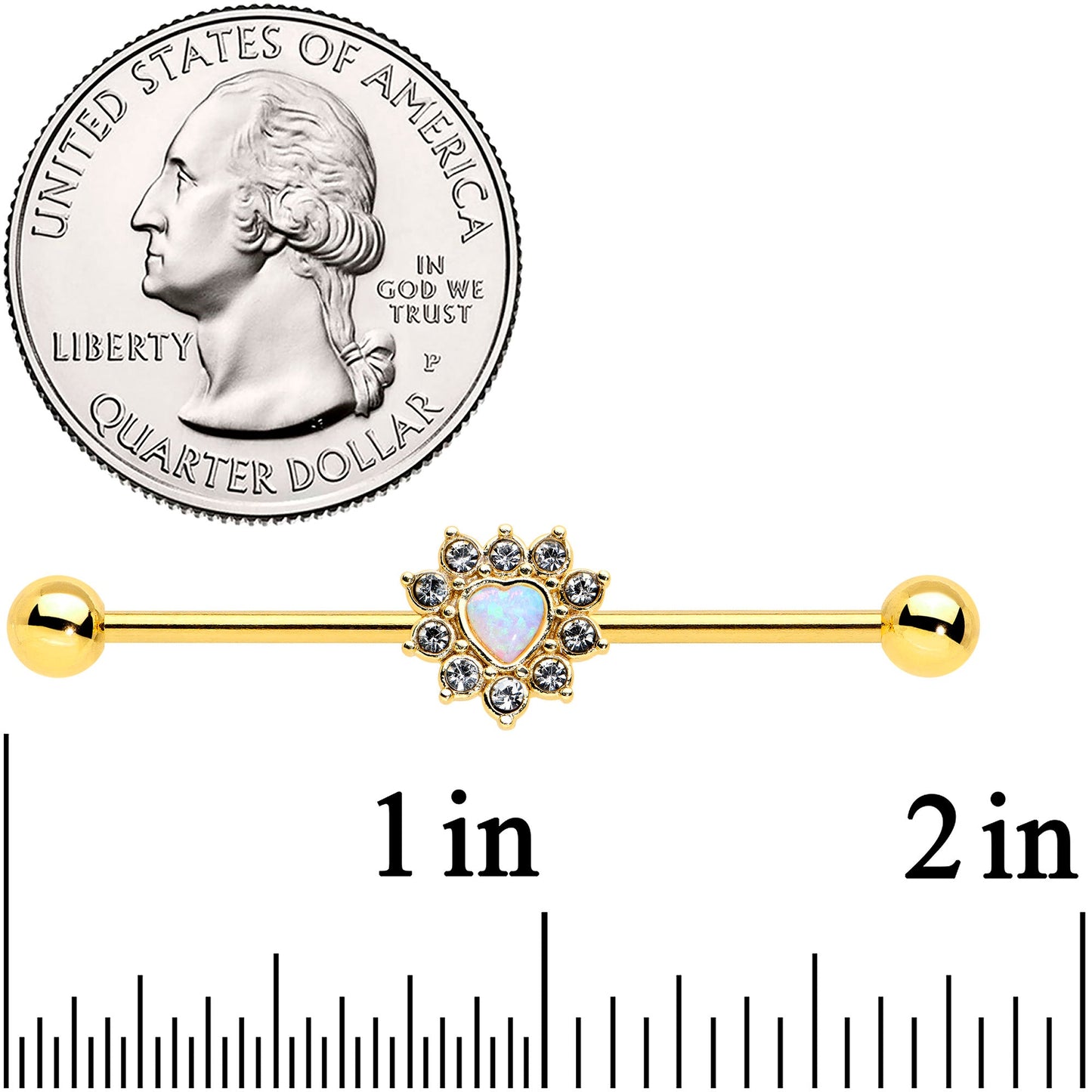 14G White Synth Opal Gold Tone Sun Heart Industrial Barbell 38mm