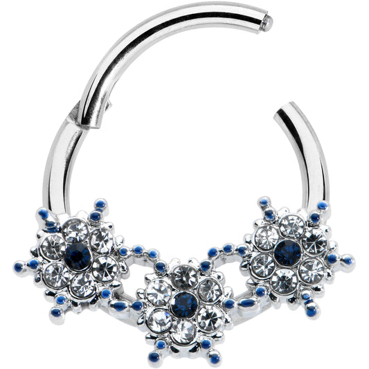 16G 3/8 Clear Blue Gem Festive Trio Snowflake Hinged Segment Ring