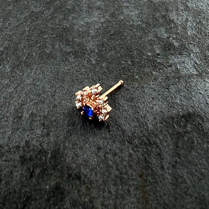 20G 1/4 Blue Clear Gem Rose Gold Tone Glamour Flare Nose Bone