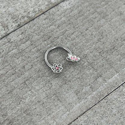 16G 3/8 Pink Butterfly Pink Gem Flower Horseshoe Circular Barbell