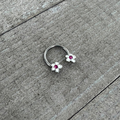 16G 3/8 Pink Gem Daisy Flowers Horseshoe Circular Barbell