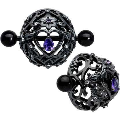 14G 9/16 Purple Gem Black Regal Crown Heart Nipple Shield Set
