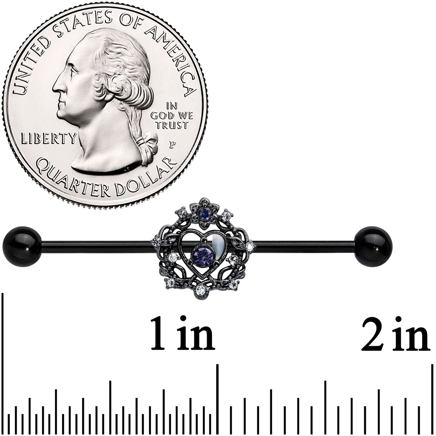 14G Purple Gem Black Regal Crown Heart Industrial Barbell 38mm