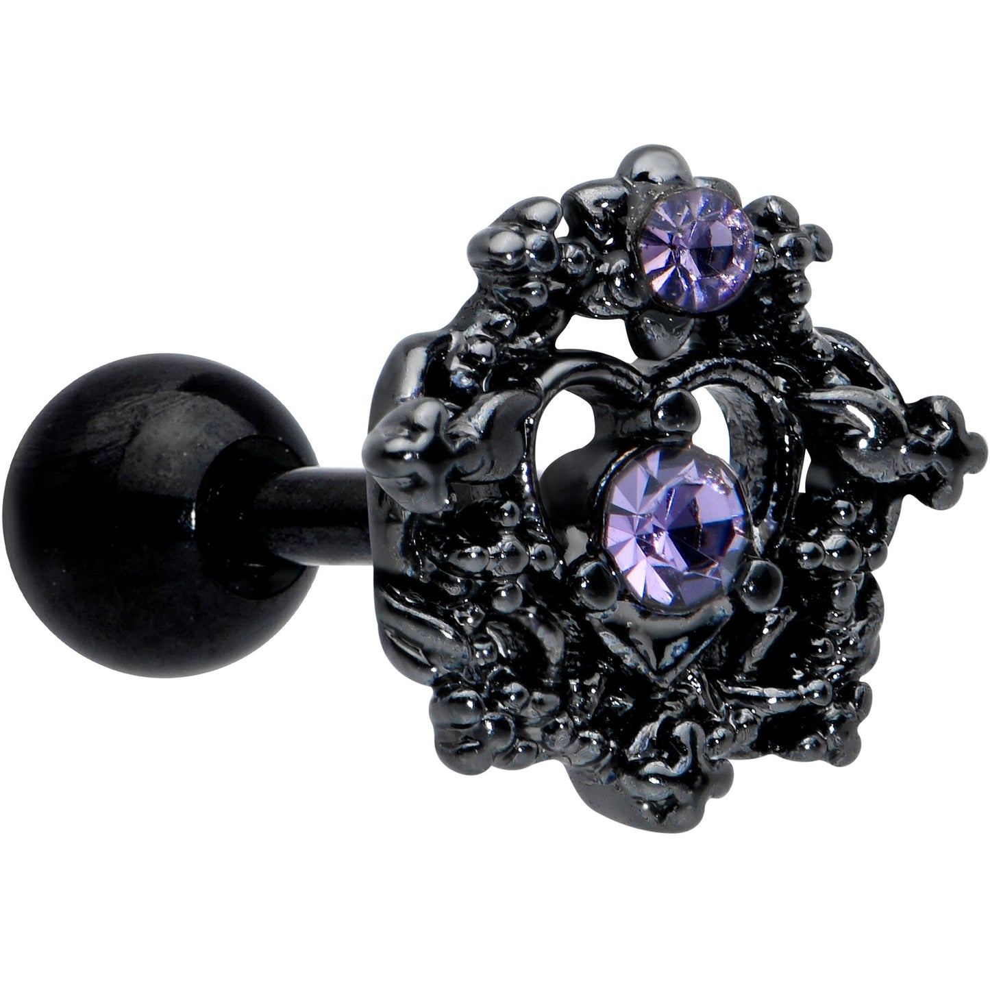 16G 1/4 Purple Gem Regal Black Crown Heart Cartilage Tragus