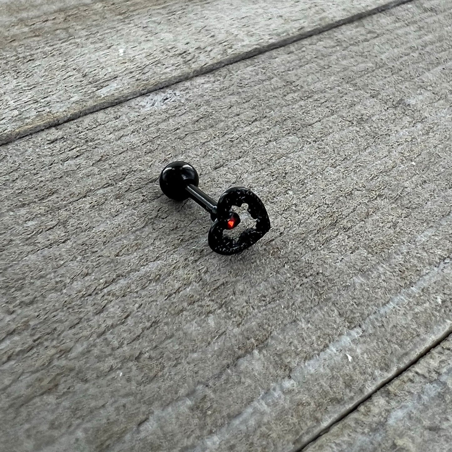 16G 1/4 Red Clear Gem Black Heart Key Cartilage Tragus Earring