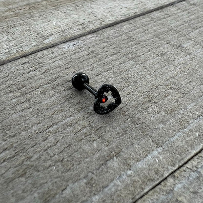 16G 1/4 Red Clear Gem Black Heart Key Cartilage Tragus Earring
