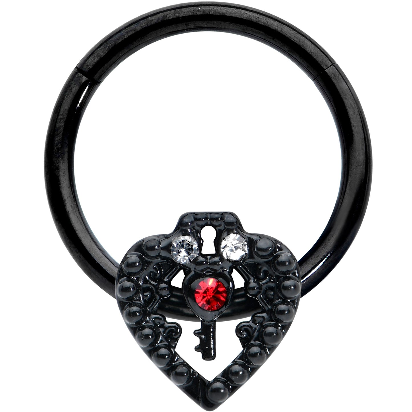 16G 3/8 Red Clear Gem Black Key Heart Hinged Segment Ring