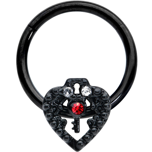 16G 3/8 Red Clear Gem Black Key Heart Hinged Segment Ring