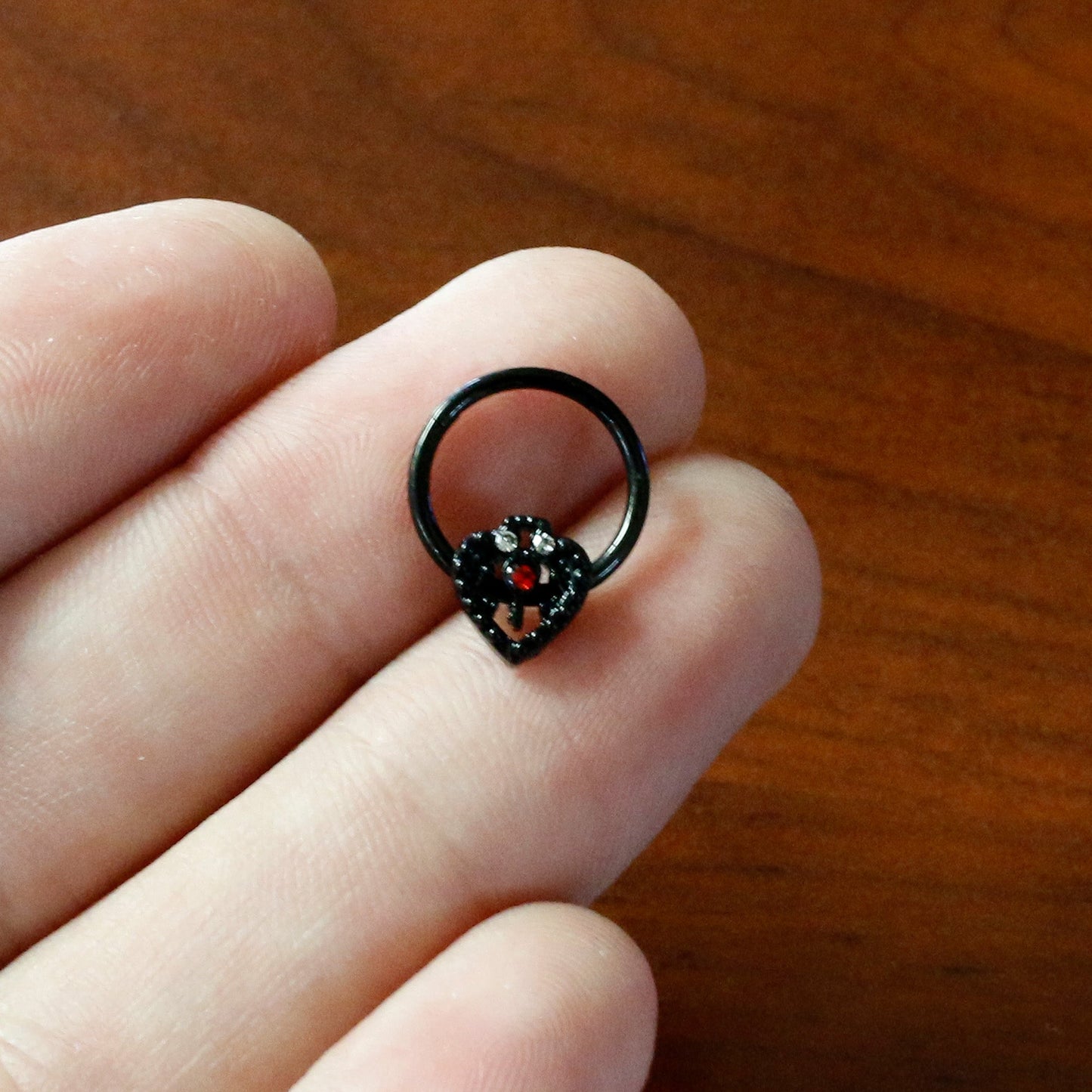 16G 3/8 Red Clear Gem Black Key Heart Hinged Segment Ring