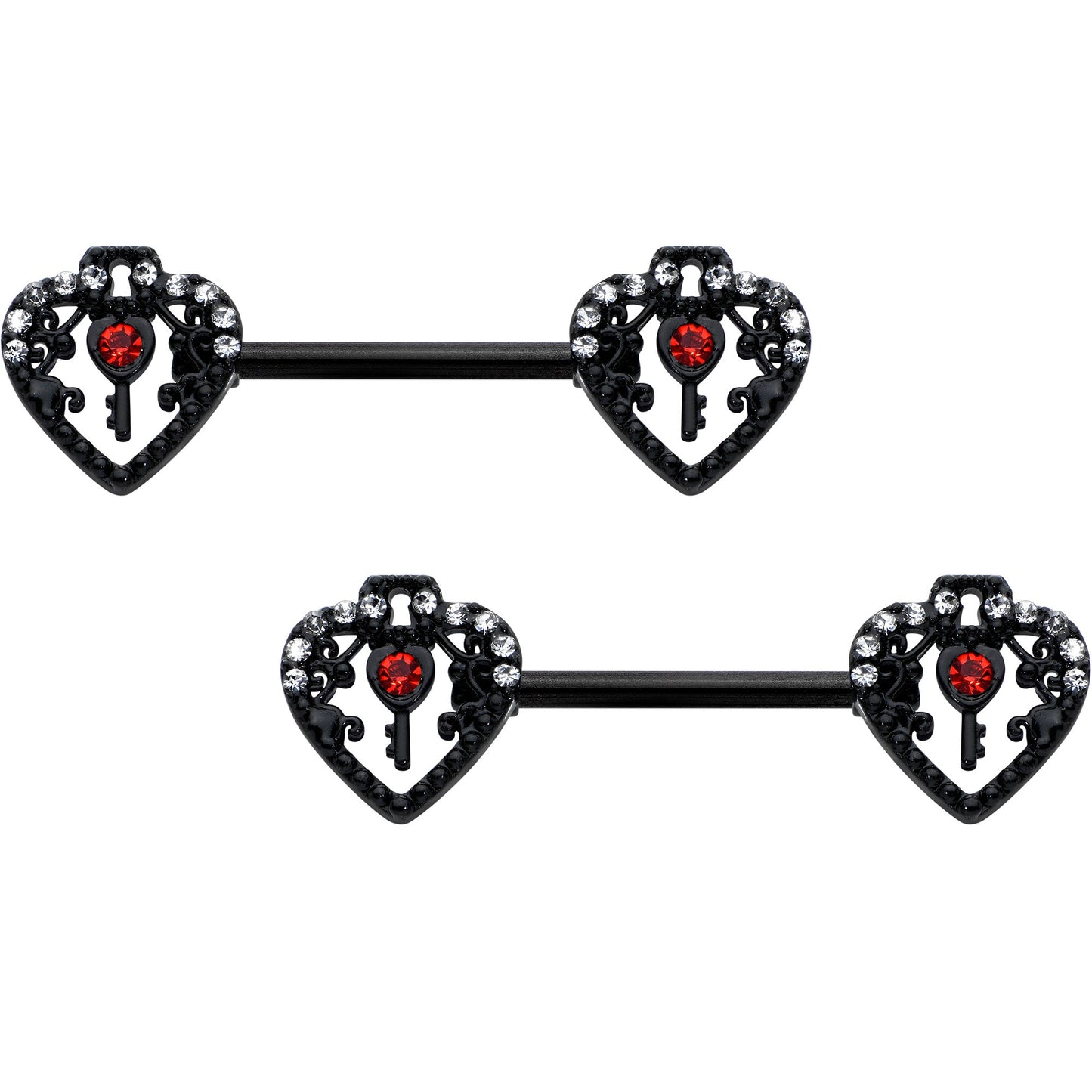 14G 9/16 Red Clear Gem Black Key Heart Barbell Nipple Ring Set