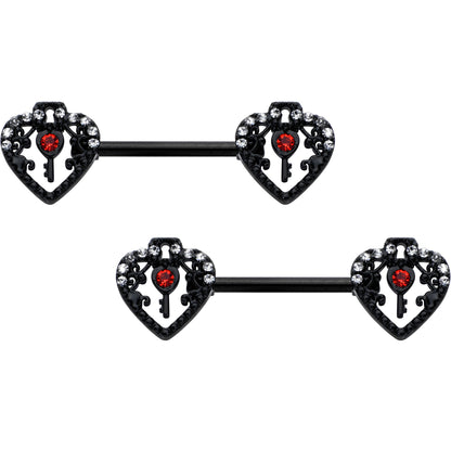 14G 9/16 Red Clear Gem Black Key Heart Barbell Nipple Ring Set