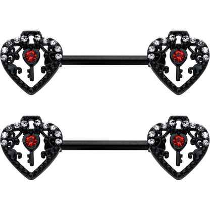 14G 9/16 Red Clear Gem Black Key Heart Barbell Nipple Ring Set