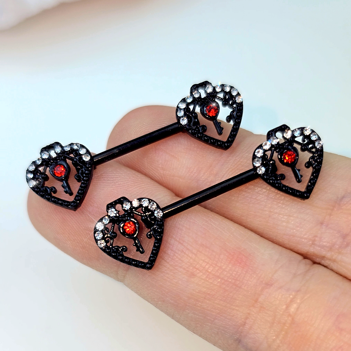 14G 9/16 Red Clear Gem Black Key Heart Barbell Nipple Ring Set