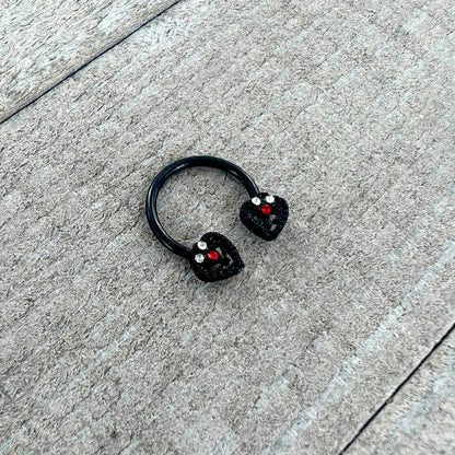 16G 3/8 Clear Red Gem Black Key Heart Horseshoe Circular Barbell