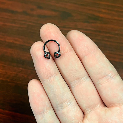 16G 3/8 Clear Red Gem Black Key Heart Horseshoe Circular Barbell
