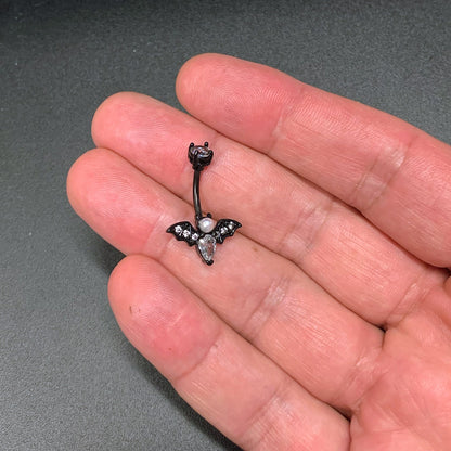 Clear Gem Black Vampire Bat Halloween Double Mount Belly Ring