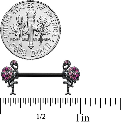 14G 9/16 Pink Gem Black Fashion Flamingo Barbell Nipple Ring Set