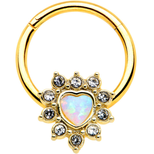 16G 3/8 White Faux Opal Gold Tone Sun Heart Hinged Segment Ring
