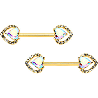 14G 9/16 Aurora Gem Gold Hue Rococo Heart Barbell Nipple Ring Set