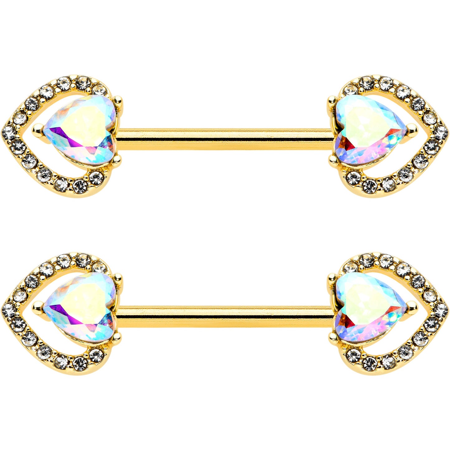 14G 9/16 Aurora Gem Gold Hue Rococo Heart Barbell Nipple Ring Set
