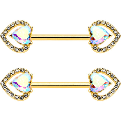 14G 9/16 Aurora Gem Gold Hue Rococo Heart Barbell Nipple Ring Set
