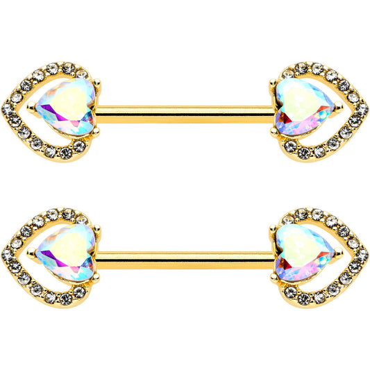 14G 9/16 Aurora Gem Gold Hue Rococo Heart Barbell Nipple Ring Set