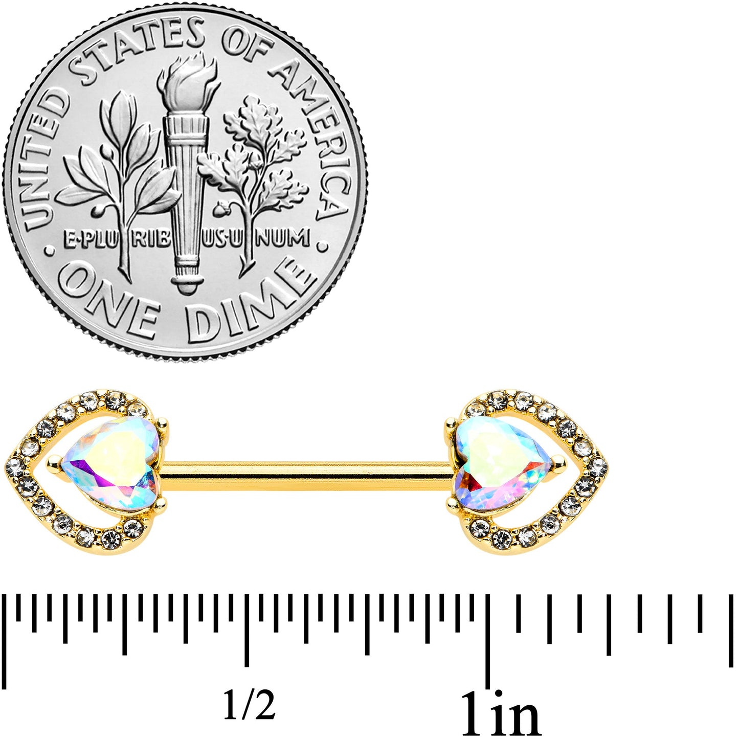 14G 9/16 Aurora Gem Gold Hue Rococo Heart Barbell Nipple Ring Set