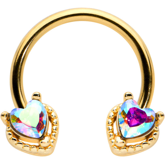 16G 3/8 Aurora Gem Gold Tone Duo Heart Horseshoe Circular Barbell