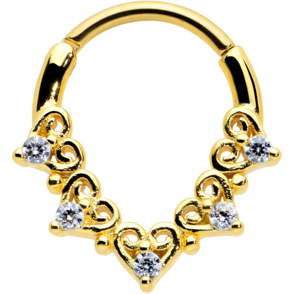 16G 3/8 Clear CZ Gem Gold Tone Heart Filigree Cartilage Clicker