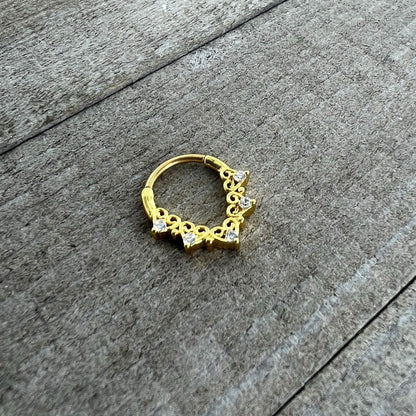 16G 3/8 Clear CZ Gem Gold Tone Heart Filigree Cartilage Clicker