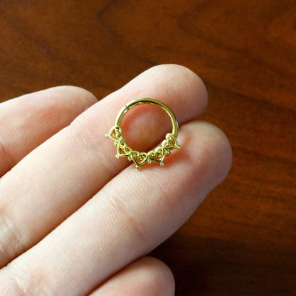 16G 3/8 Gold Tone Filigree Hearts Hinged Segment Ring