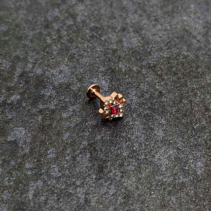16G 1/4 Red Gem Rose Gold Tone Octogram Star Labret Monroe Tragus