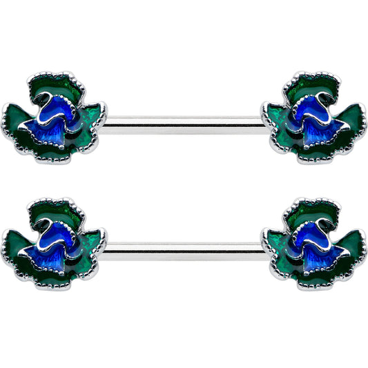 14G 9/16 Spring Flower Blue Green Barbell Nipple Ring Set