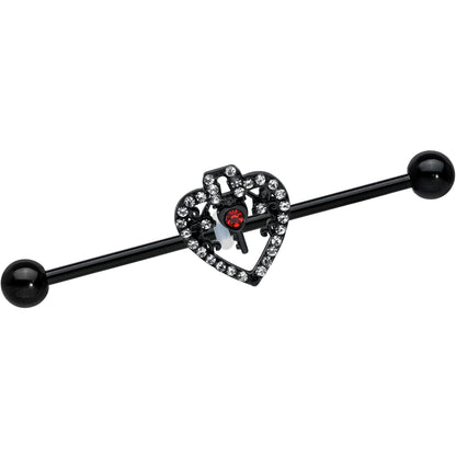 14G Clear Red Gem Black Key Heart Industrial Barbell 38mm