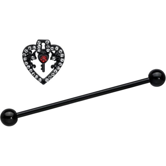 14G Clear Red Gem Black Key Heart Industrial Barbell 38mm