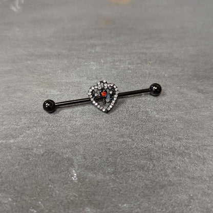 14G Clear Red Gem Black Key Heart Industrial Barbell 38mm