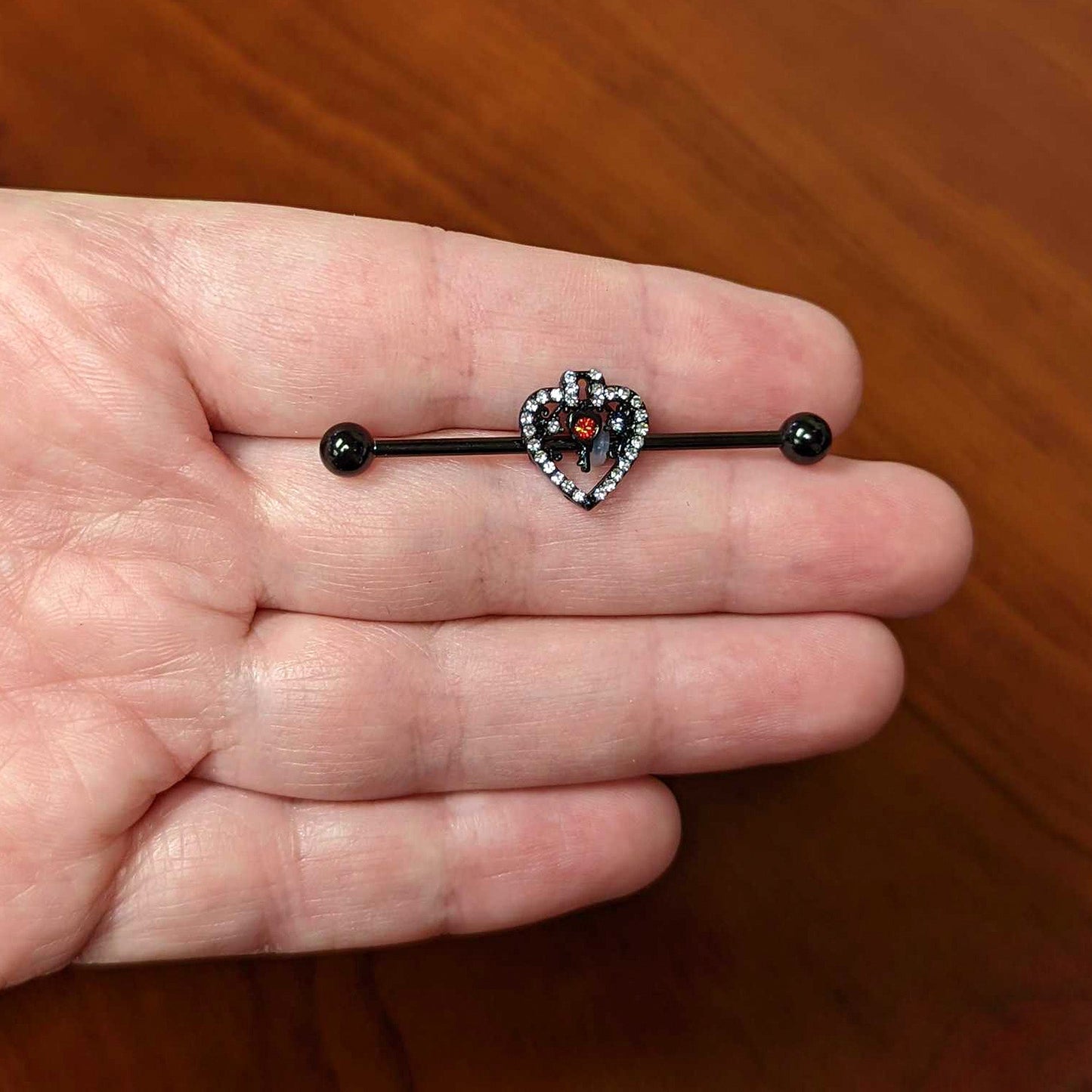 14G Clear Red Gem Black Key Heart Industrial Barbell 38mm