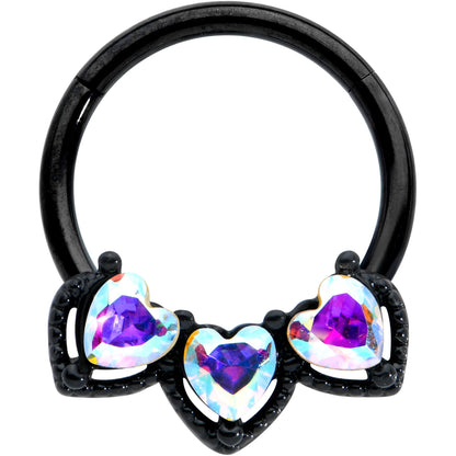 16G 3/8 Aurora Gem Black Rococo Trio Heart Hinged Segment Ring