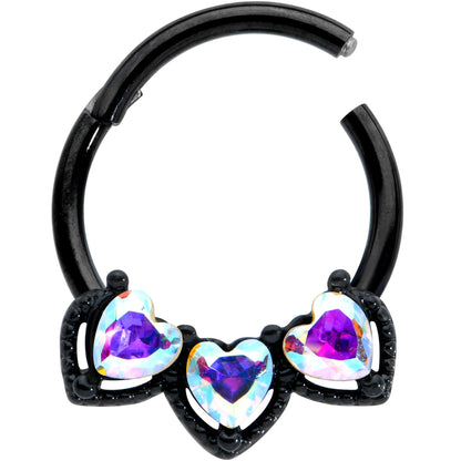 16G 3/8 Aurora Gem Black Rococo Trio Heart Hinged Segment Ring