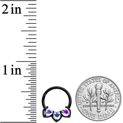 16G 3/8 Aurora Gem Black Rococo Trio Heart Hinged Segment Ring