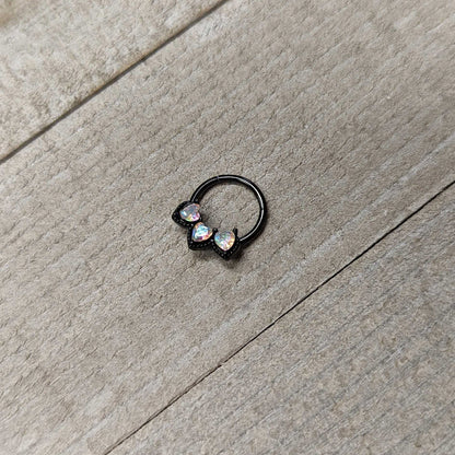 16G 3/8 Aurora Gem Black Rococo Trio Heart Hinged Segment Ring