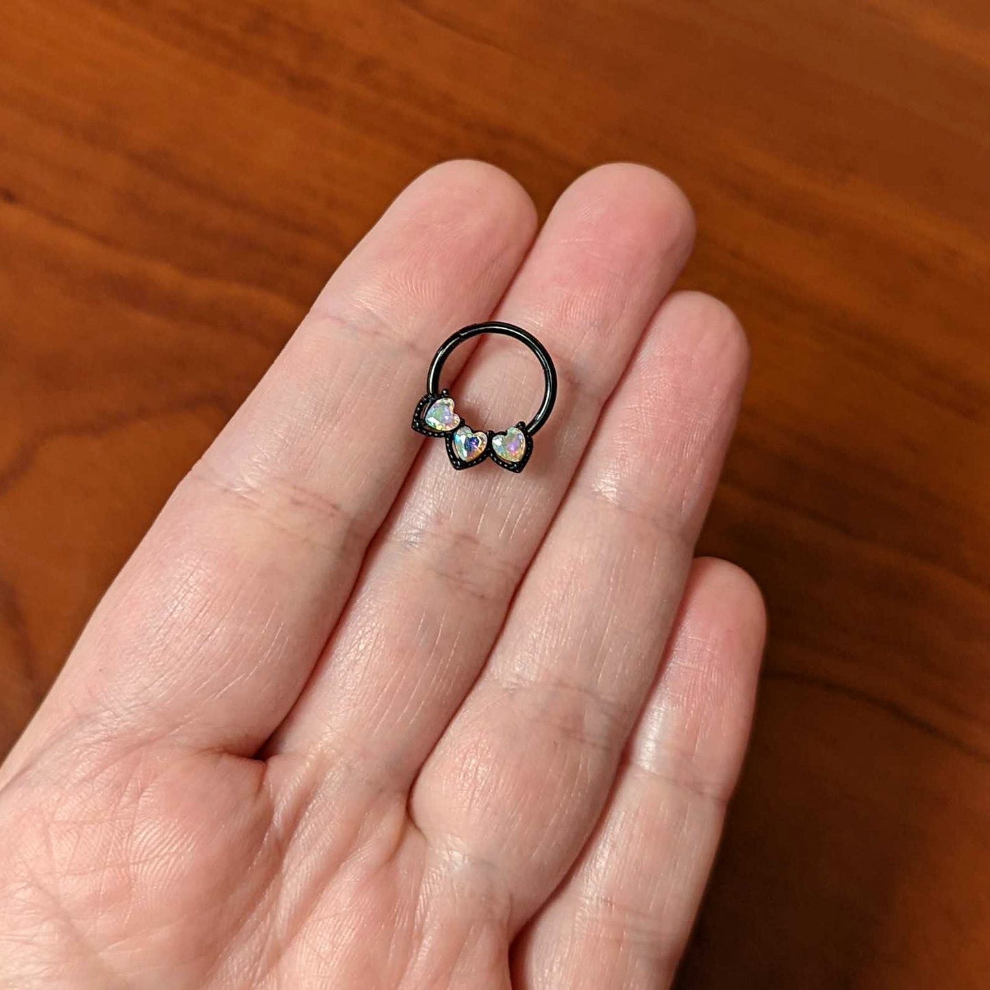 16G 3/8 Aurora Gem Black Rococo Trio Heart Hinged Segment Ring