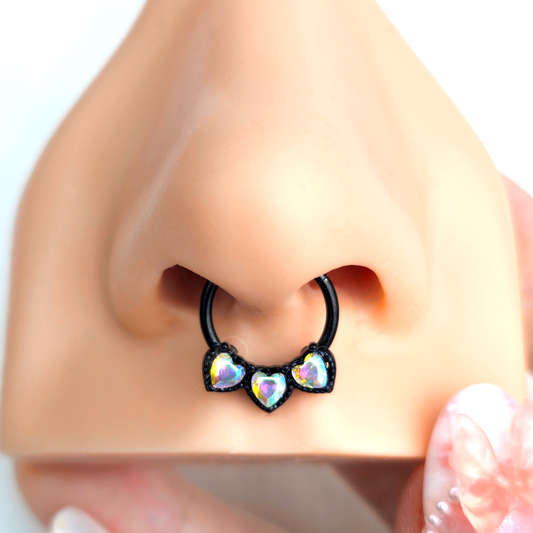 16G 3/8 Aurora Gem Black Rococo Trio Heart Hinged Segment Ring